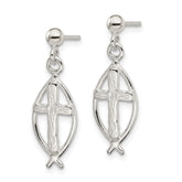 Sterling Silver Polished Antiqued & Textured Ichthus & Cross Post Dangle Earrings
